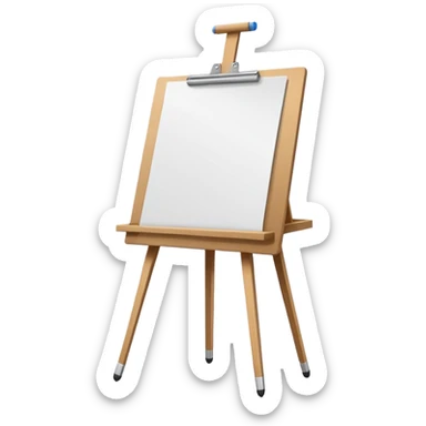 Minimalistic flat vector icon, iOS style, thin black contour on white background. Easel with a paper sheet and a pencil leaning against it. No text, no shadows sticker