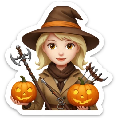 female human monster hunter emoji, wearing brown coat and hat, holding crossbow, soft smile, scarf, glowing pumpkin by her side, Halloween fantasy style, clean vector Apple emoji look, bright colors, white background, square sticker