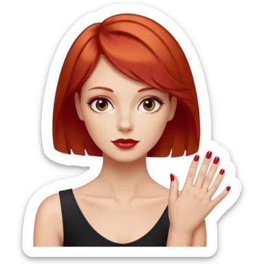 capelli corti di colore rosso, tagliati leggermente sopra le spalle e con una chioma piena e ben curata. Ha la carnagione chiara, il collo sottile Le mani con lo smalto rosso, Ha lo sguardo fiero e sicuro di sé ed una personalità dominante sticker