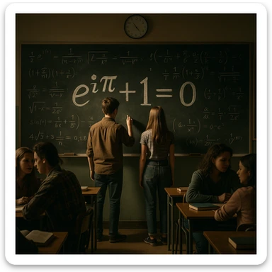 A group in a classroom with a giant unsolved equation on the board. Most students are distracted or chatting, two step forward to solve it. Lighting on the two, others in muted tones. Conceptual, symbolic, cinematic, hyperrealistic 4K. sticker