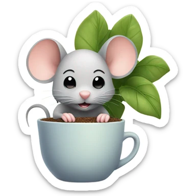 Cute mouse with a potted houseplant and cup of tea sticker