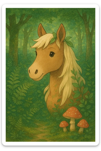 Add more forest details around the cute horse head, such as ferns, moss, mushrooms, and leafy branches, in Ghibli style with soft colors, gentle expression, and leafy accents. sticker