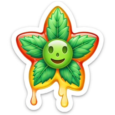 generate an emoji-style image of a juicy gummy shaped like a marijuana flower, make it colorful and with liquid dripping out sticker