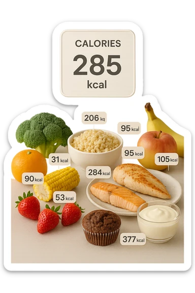 a digital calorie counter hovers above a variety of foods arranged on a table—fruits, vegetables, grains, meats, and desserts. Each food has a floating label showing its calorie content. The background is clean and modern, emphasizing the educational aspect of calorie awareness. sticker