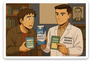 fai un webtoon manga a colori con questo stile, in cui un uomo ASCOLTA Il kinesiologo con il camice bianco (fagli anche la scritta "ANTONIO ANANIA" SUL CAMICE, IL KINESIOLOGO SPIEGA ALL'UOMO UNA MOSTRANDO VARI PRODOTTI DA SUPERMERCATO CONFEZIONATI (TIPO SCATOLA DI LATTE, MOZZARELLE CONFEZIONATE, FORMAGGIO CONFEZIONATO), OGNI CONFEZIONE HA LA SCRITTA "SENZA LATTOSIO SULL'ETICHETTA. L'UOMO OSSERVA IL KINESIOLOGO CON ESPRESSIONE CONFUSA IN VOLTO. non fare i fumetti però, fai solo in modo che sembri stiano parlando sticker