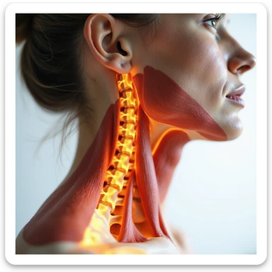 realistic anatomical close-up of a woman's neck showing highlighted cervical contractures, tense muscles, white background sticker