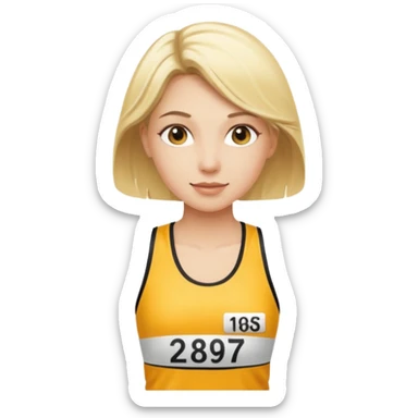 Blonde woman with running race number sticker