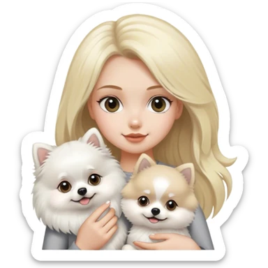 blond hair girl holding a white pomeranian and grey pomeranian  sticker