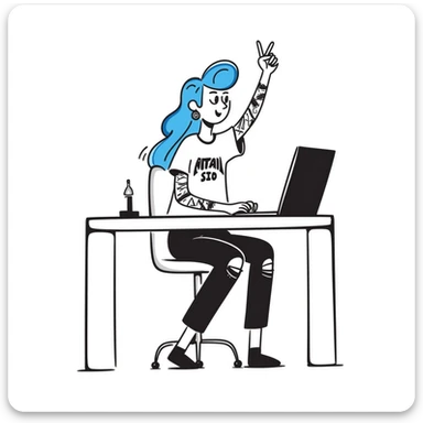 Rock musician girl with half-shaved head and blue hair, arm tattoos, multiple ear piercings, wearing ripped jeans and metal band shirt, sitting at desk with laptop and raising hand enthusiastically sticker
