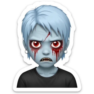 3D emoji-style avatar with very pale blue-grey zombie skin , a young Asian face, and large eyes with blood tears. Give it white litle bit messy mullet hair style , silver hoop earrings, and a plain black T-shirt. The face expression should be slightly angry, with vampire fang sticker
