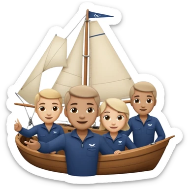 Emoji-style person taking a selfie with small sailing crew behind, rounded faces, soft shading, smiling, PNG cutout sticker