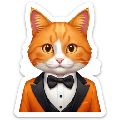 An orange cat wearing a tuxedo sticker