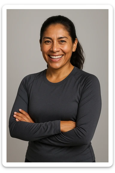 Portrait of a 40-year-old Peruvian woman, wheat-colored skin, dark hair, active and healthy attitude, lead-colored sportswear, friendly and energetic face, ideal for a supplement brand aimed at Peruvian adults. sticker
