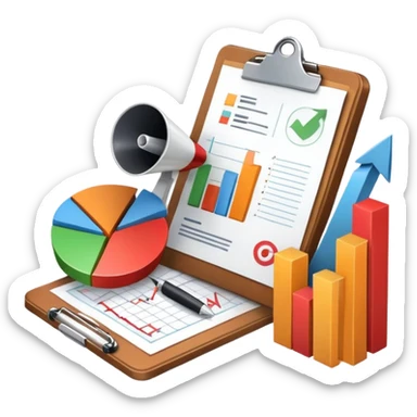 An icon featuring a pie chart, a clipboard with a checklist, and a megaphone, symbolizing management and marketing. The design includes upward-trending graphs and a target with an arrow, representing strategy and success. Transparent background highlights business organization and promotion. sticker