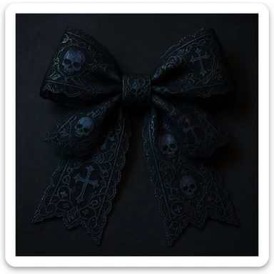 gothic style bow, black lace, dark elegant, subtle skull or cross motif, moody atmosphere, holographic effect sticker