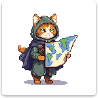 Cat explorer holding map, mountain landscape with stars, wearing explorer gear with cloak blowing in wind, gazing at horizon sticker