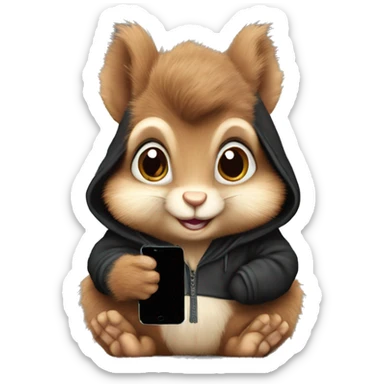 Cute realistic fluffy Squirrel with fluffy ears in black hoodie holding an iPhone  sticker