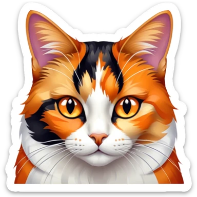 Cinematic Noble Calico Cat Portrait Emoji, Poised and regal, with a striking patchwork fur in vibrant orange, black, and white hues, delicate whiskers and a refined, focused gaze, simplified yet exquisitely detailed, glowing with a soft, moonlit radiance and an air of aristocratic elegance, high shine, exuding dignified intelligence and poised authority, soft glowing outline, capturing the essence of a watchful and noble calico cat that appears ready to grace the screen with effortless majesty! sticker