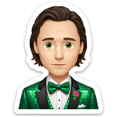 Tom Hiddleston with dark brown hair, dark green sequin suit with bow tie sticker
