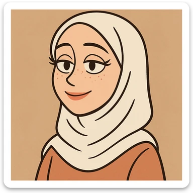 white girl, white hijab, freckles, long eyelashes, thin lips, thin dark brown eyebrows, gentle cartoon style sticker