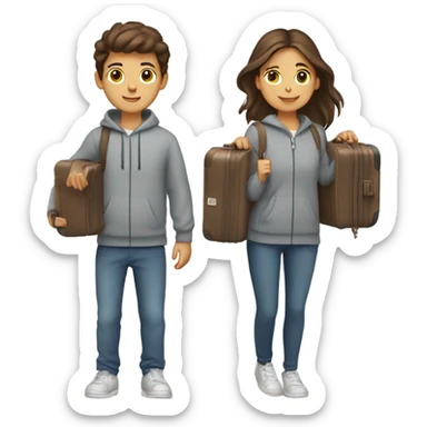 brown hair boy and girl holding suitcases while wearing grey sweat sets sticker