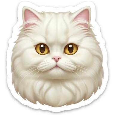 Cinematic Comical White Persian Cat Portrait Emoji, Head tilted playfully with a touch of sass, fluffy white fur with subtle hints of cream and golden tones, Simplified yet hilariously chubby features, highly detailed, glowing with a warm, friendly glow, high shine, a mix of lazy and curious, stylized with a touch of whimsy, bright and endearing with a comical expression, soft glowing outline, capturing the essence of a mischievous yet chubby, fluffy kitty, so endearing it feels like it could stretch out of the screen and demand attention with its cheeky charm! sticker