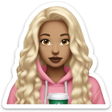 White skin girl with long blonde hair extensions with big pink lips and lashes with a Starbucks in her hand and a beige hoodie on sticker