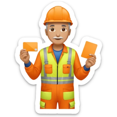 older engineer hi-vis orange overalls full body holding a card sticker