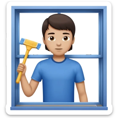 boy dark brown hair with bangs with straight eyebrows cleaning sticker