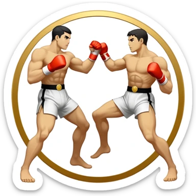 Round emblem symbolizing striking martial arts. The emblem features two fighters in dynamic stances, one delivering a powerful punch while the other defends with a block. In the center, a stylized fist and foot crossed to represent the essence of striking.  sticker