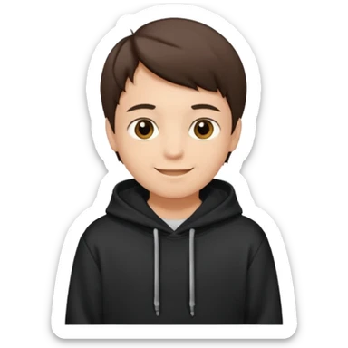 A brunette boy, short straight hair, light brown eyes, with a black sweatshirt with a hoodie, and smile  sticker