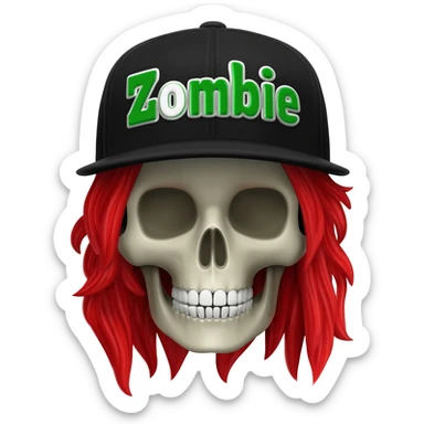 Create a skeleton head wearing a black baseball cap that says " Zombie " in Green, and white lettering, with long red hair sticker