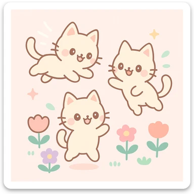 cute little cats, glowing, smiling, leaping around flowers in a garden, joyful and sweet sticker