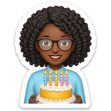 A Black woman with curly black hair and glasses holding a birthday cake. Can you make it a more basic emoji? sticker