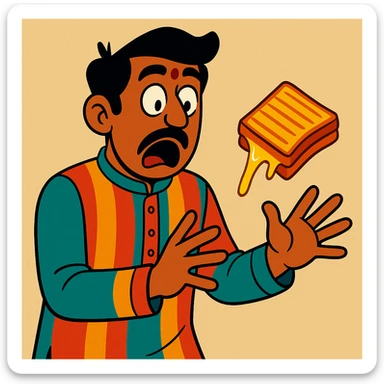 An Indian man in a kurta, surprised expression, as a grilled cheese sandwich slips from his hands, cartoon style, vibrant colors sticker