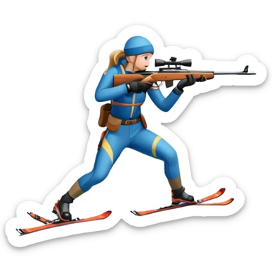 An icon showing a snowy landscape with pine trees, mountains, and a clear sky with a biathlete aiming a rifle in the foreground, wearing winter gear and skis. Transparent background emphasizes the precision, endurance, and beauty of this winter sport. sticker
