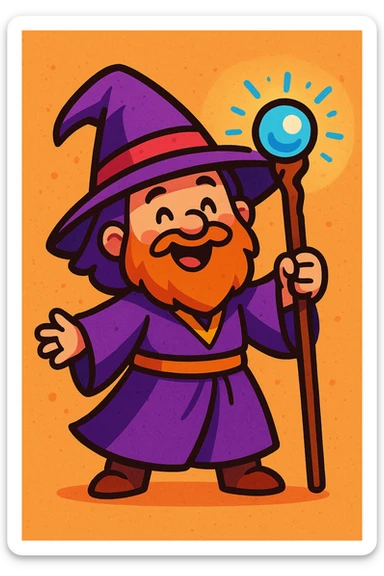 cute wizard with purple robes, holding a magic staff, big smile, charming and whimsical style sticker