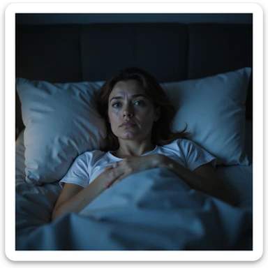 hyperrealistic 4K detailed image of a woman with hormonal imbalance, lying in bed with open eyes, tired look, clock showing late night on bedside table, nighttime environment sticker