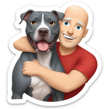 large gray male pit bull smiling and hugging bald white mature man no beard blue eyes with red tshirt sticker