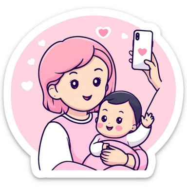 mom taking selfie with baby surrounded by pastel pink hearts sticker