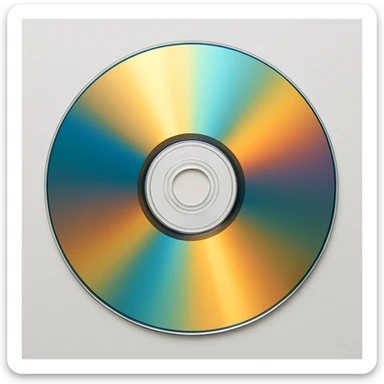 Edit the CD disk to look like the first photo with realistic, metallic, and reflective qualities. Change the color of the CD to match the blue and orange gradient background from the second photo. Keep it realistic with no text. sticker