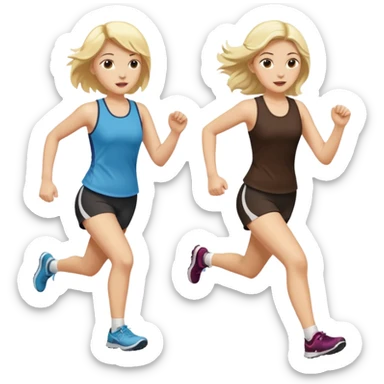2 white women running holding hands one blonde one dark haired same direction sticker