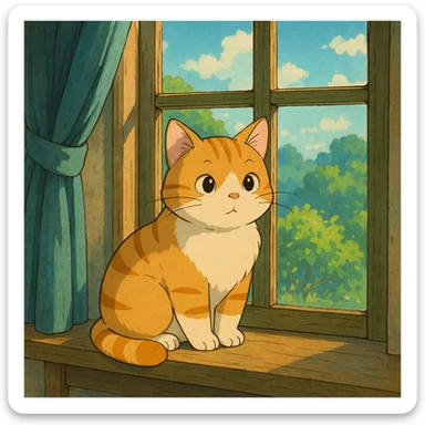 cute cat sitting on a windowsill, ghibli style sticker