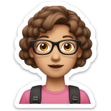 a girl with brown hair, wearing black-rimmed glasses, with a backpack, in a pink top sticker