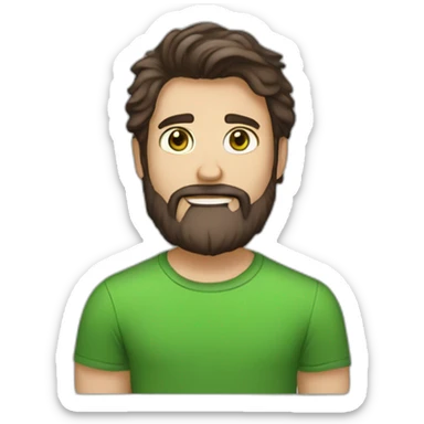 one white guy with dark brown longhair greeneye beard blacktshirt thumbup sticker