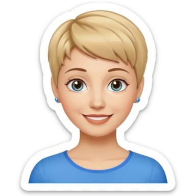 Frau, helle Haut, brauner Pixie schnitt mit blonden Spitzen, blaue Augen, mittleres alter sticker