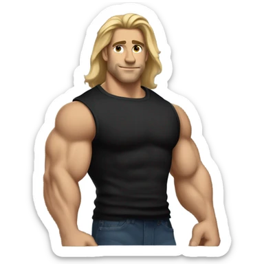 Muscular man with big biceps, dirty blonde straight hair brushed back, wearing a black sweater in a casual style, loves old-money aesthetic.” sticker