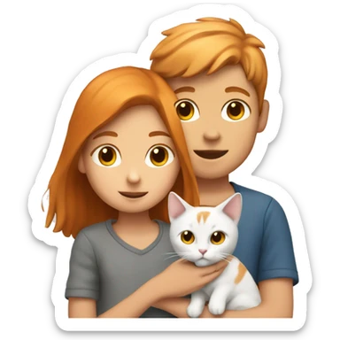 the boy is holding a white and gray cat and next to it the girl is holding a ginger cat sticker