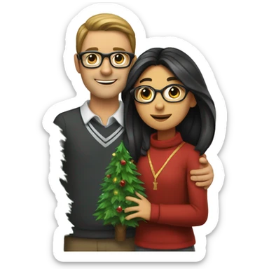 A girl with brown long hair hugs a man with black hair, ties and glasses. They are holding Christmas tree decorations sticker