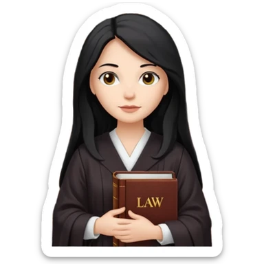 white-women-with-long-black -hair-lawyer-in-lawyer’s-robe. Have law book in hand with bookshelf full of law books in the background. sticker